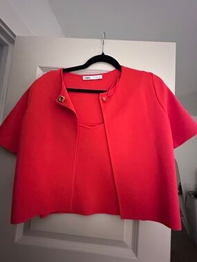 Zara Red Cropped Knit Jacket with Gold-Tone Clasps